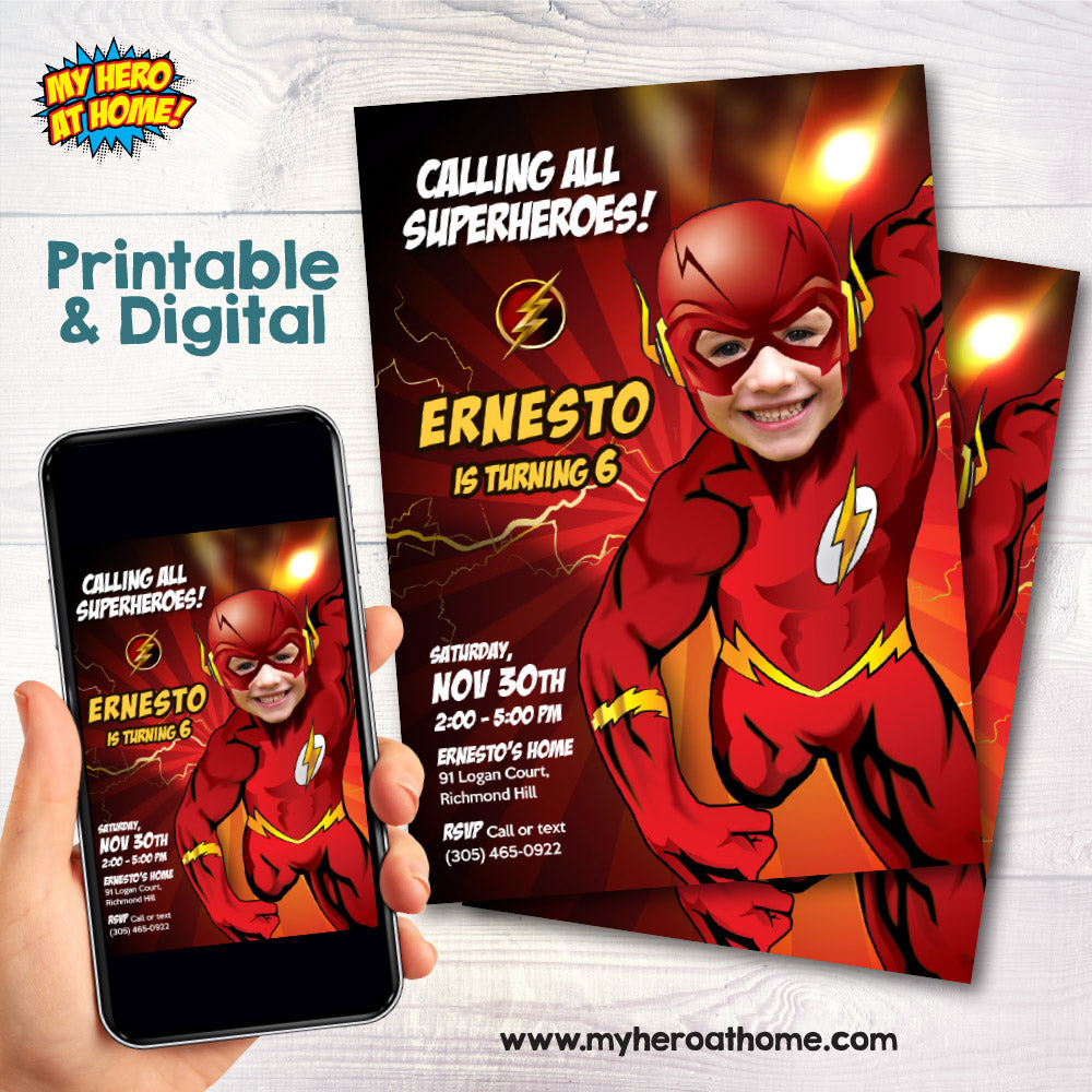 Flash Birthday invitation with your child as the star, Flash party template with photo. 149IN