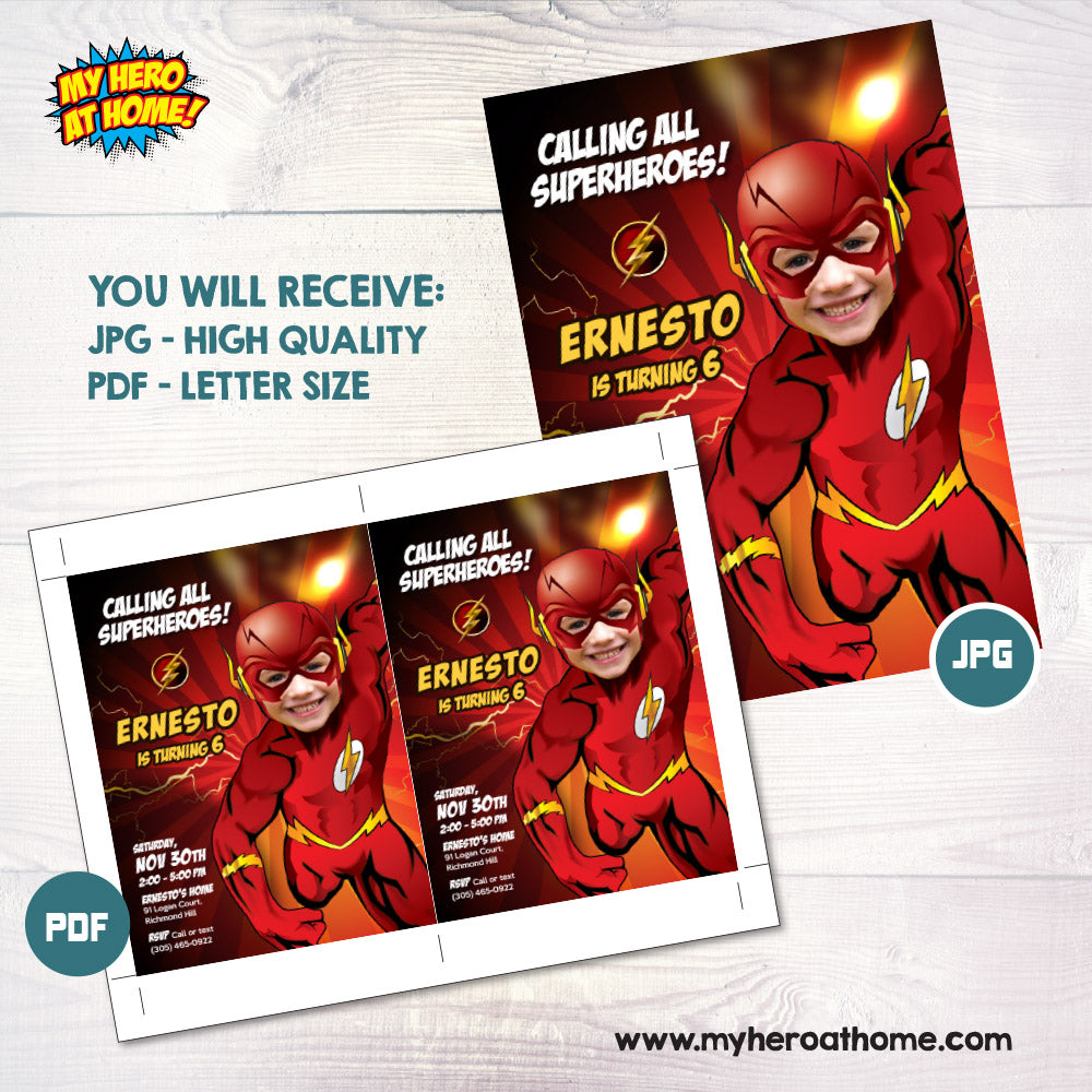 Flash Birthday invitation with your child as the star, Flash party template with photo. 149IN