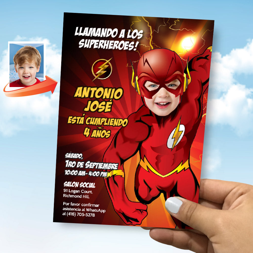 Invitación de Flash personalizada con el niño como Flash, Invitación Cumpleaños tema Flash. 149INSP