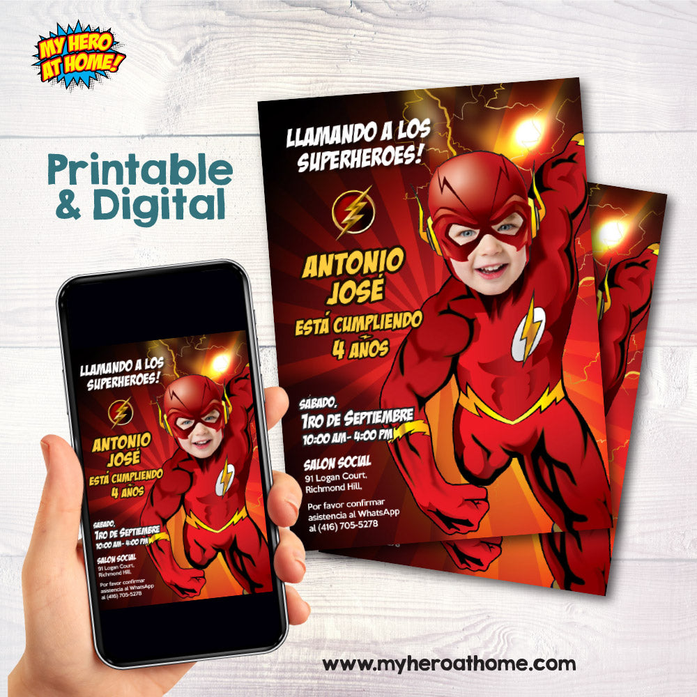 Invitación de Flash personalizada con el niño como Flash, Invitación Cumpleaños tema Flash. 149INSP