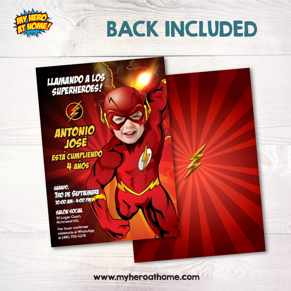 Invitación de Flash personalizada con el niño como Flash, Invitación Cumpleaños tema Flash. 149INSP