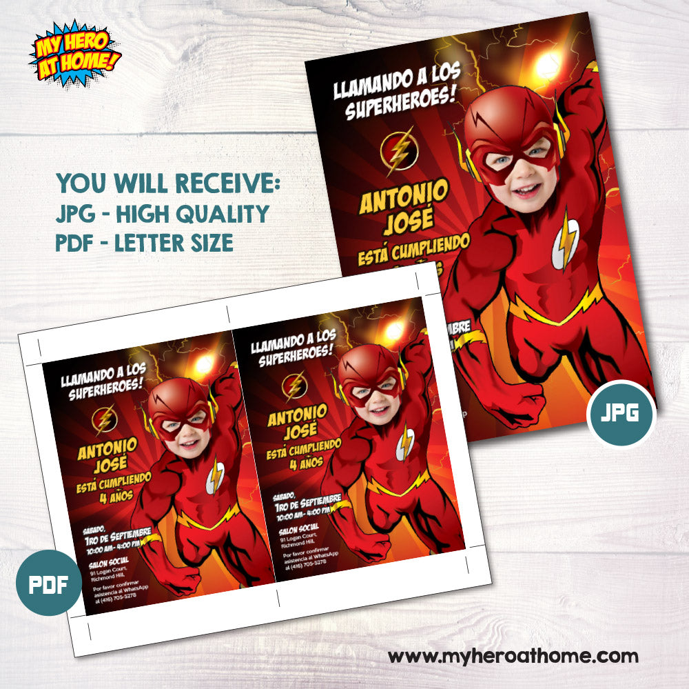 Invitación de Flash personalizada con el niño como Flash, Invitación Cumpleaños tema Flash. 149INSP