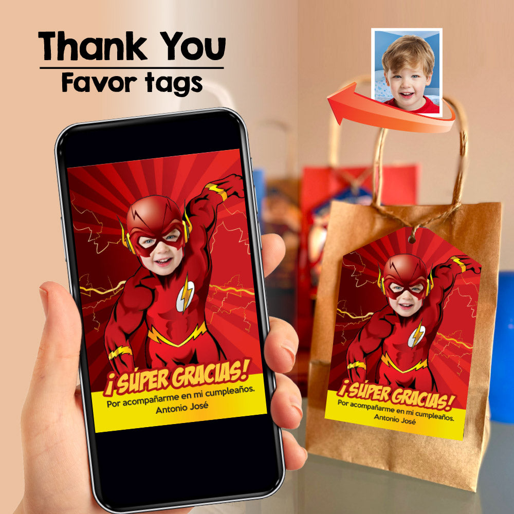 Nota de Gracias de Flash personalizada con el niño como Flash, Gracias por venir a mi fiesta tema Flash. 149TYSP