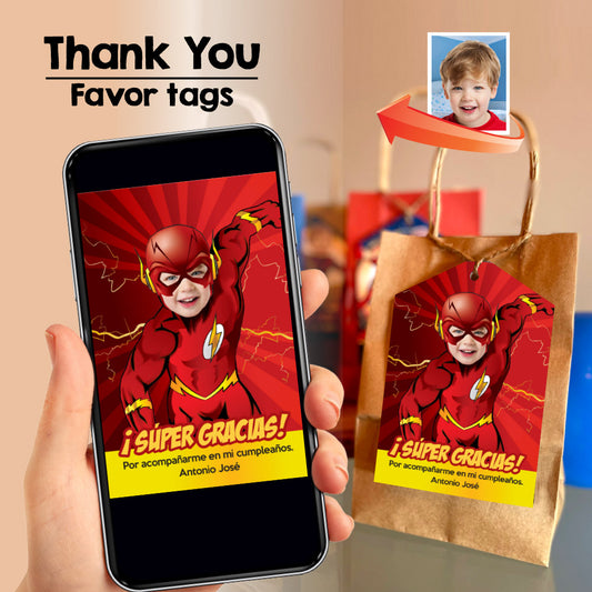 Nota de Gracias de Flash personalizada con el niño como Flash, Gracias por venir a mi fiesta tema Flash. 149TYSP