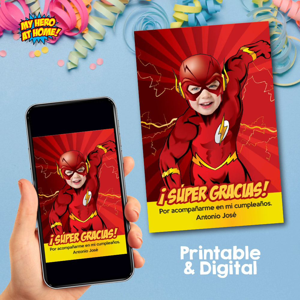 Nota de Gracias de Flash personalizada con el niño como Flash, Gracias por venir a mi fiesta tema Flash. 149TYSP