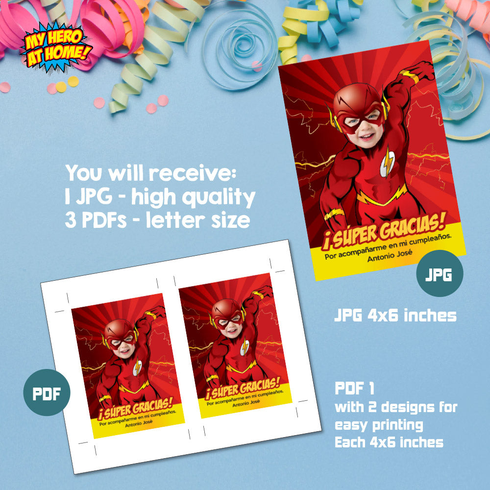 Nota de Gracias de Flash personalizada con el niño como Flash, Gracias por venir a mi fiesta tema Flash. 149TYSP