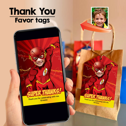 Custom Flash Thank you card with your kid as Flash, Flash photo Favor tags, Flash thanks tags. 149TY