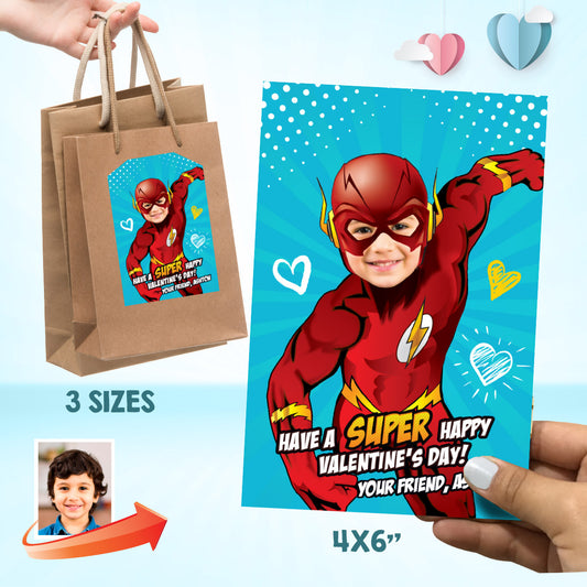 Custom Flash Valentine’s day gifts tags with kid as his favorite superhero. 149VLB