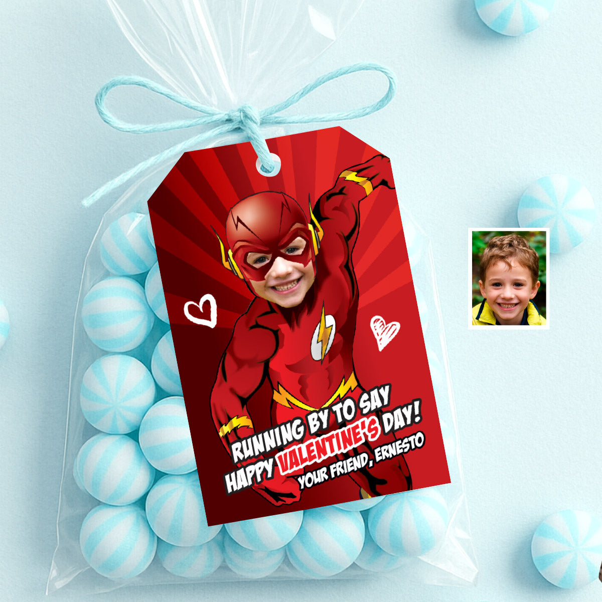 Personalized Flash Valentines tags with child as the star, Valentine Flash themed tags. 149VL
