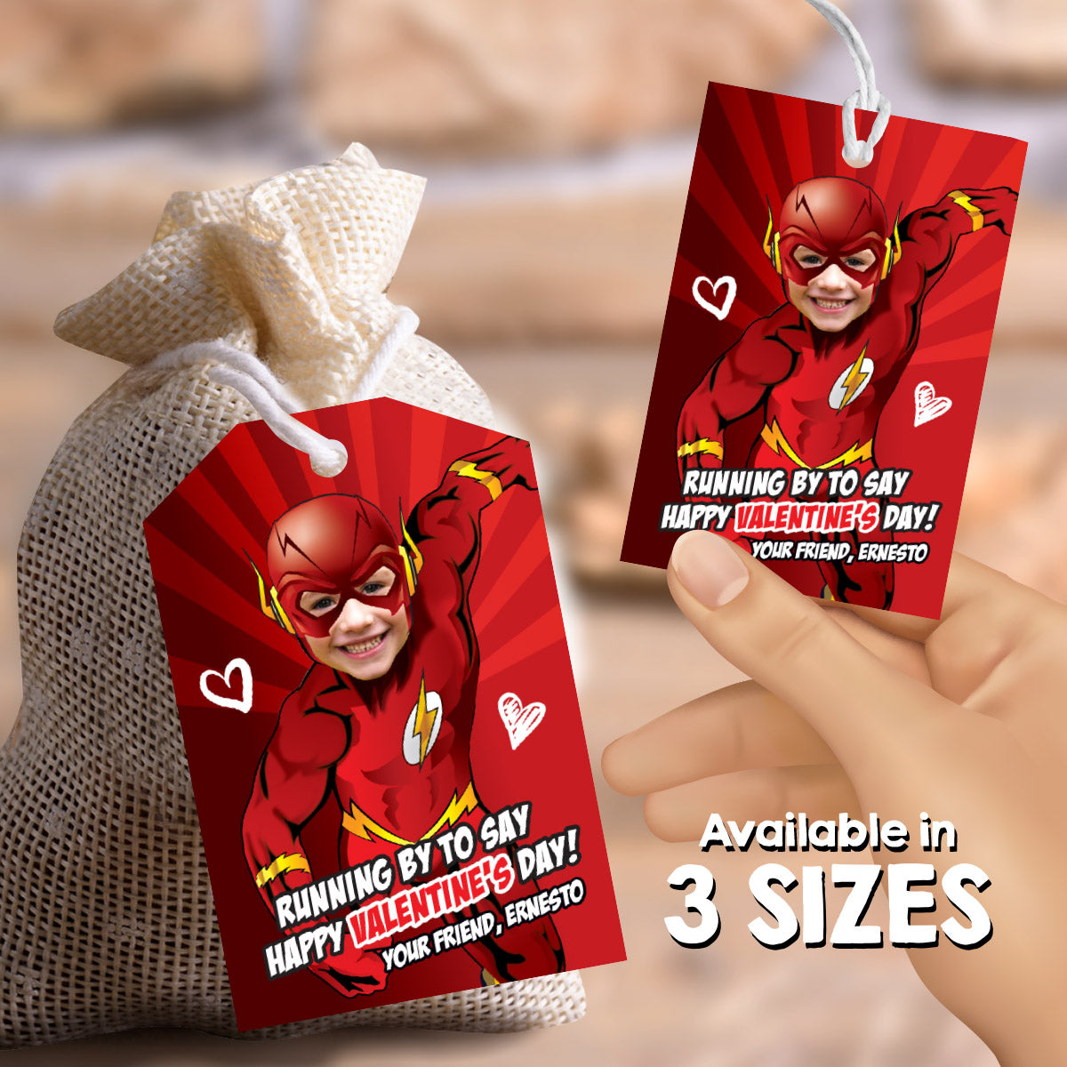 Personalized Flash Valentines tags with child as the star, Valentine Flash themed tags. 149VL