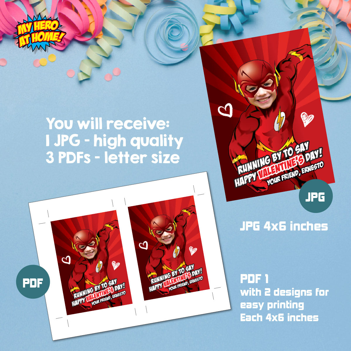 Personalized Flash Valentines tags with child as the star, Valentine Flash themed tags. 149VL