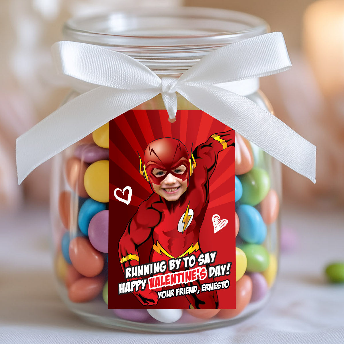 Personalized Flash Valentines tags with child as the star, Valentine Flash themed tags. 149VL