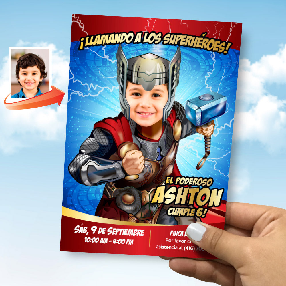 Invitación personalizada de Thor con su niño como el Avenger protagonista (Imprimible y Digital) . 154INSP