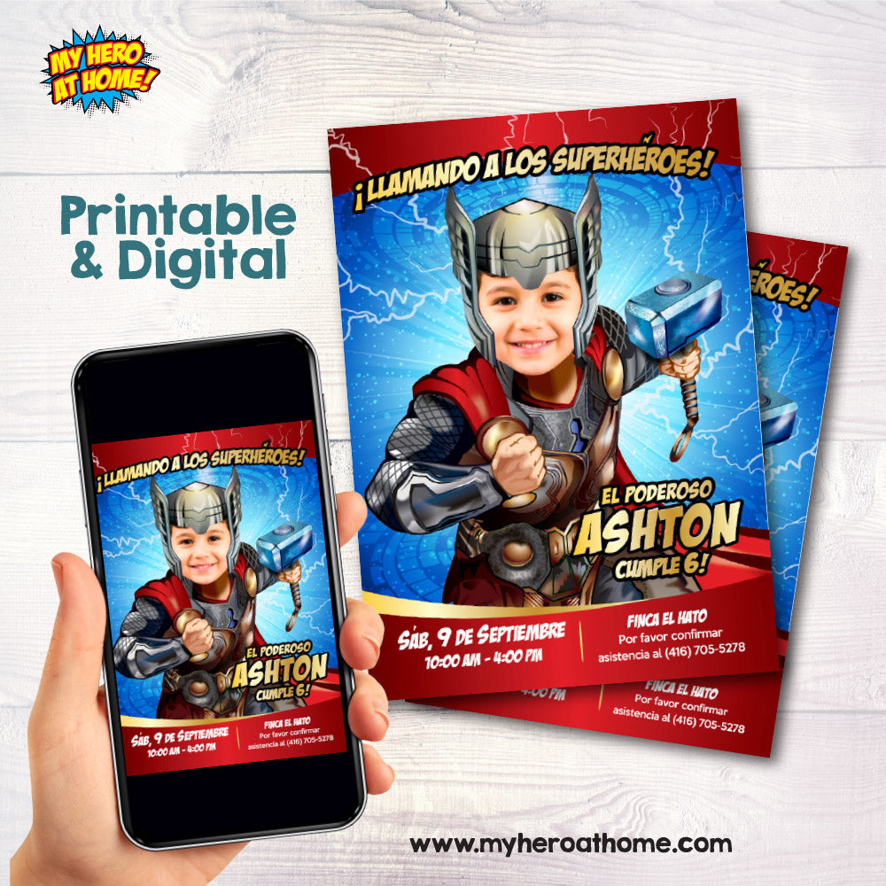 Invitación personalizada de Thor con su niño como el Avenger protagonista (Imprimible y Digital) . 154INSP