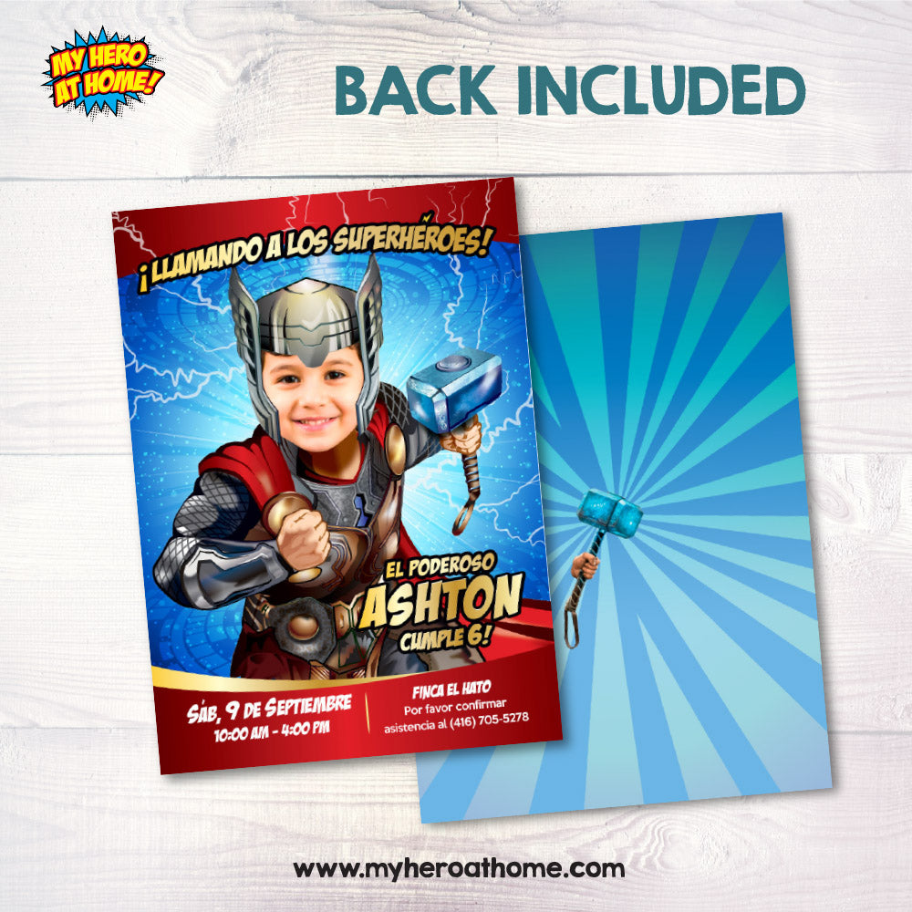 Invitación personalizada de Thor con su niño como el Avenger protagonista (Imprimible y Digital) . 154INSP
