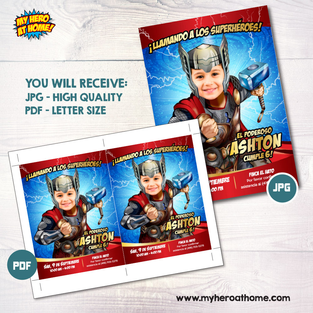 Invitación personalizada de Thor con su niño como el Avenger protagonista (Imprimible y Digital) . 154INSP
