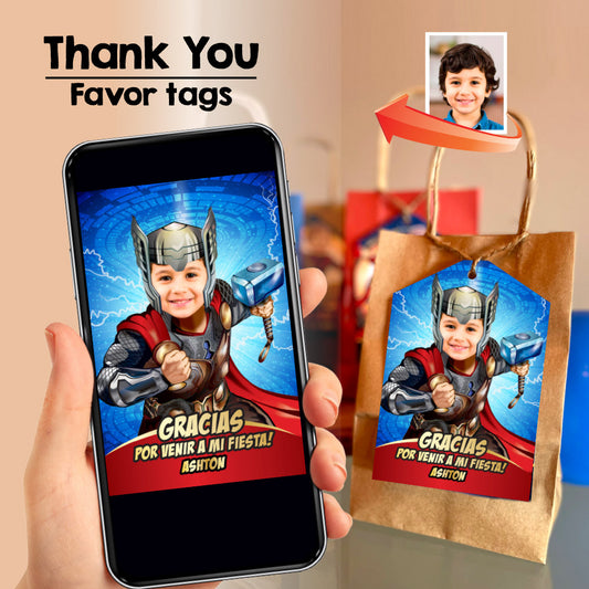 Agradecimiento Fiesta de Thor con niño como protagonista, Gracias tema Avengers con foto. 154TYSP