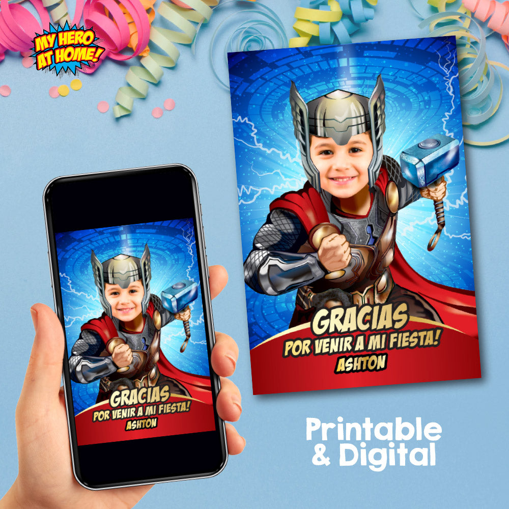 Agradecimiento Fiesta de Thor con niño como protagonista, Gracias tema Avengers con foto. 154TYSP