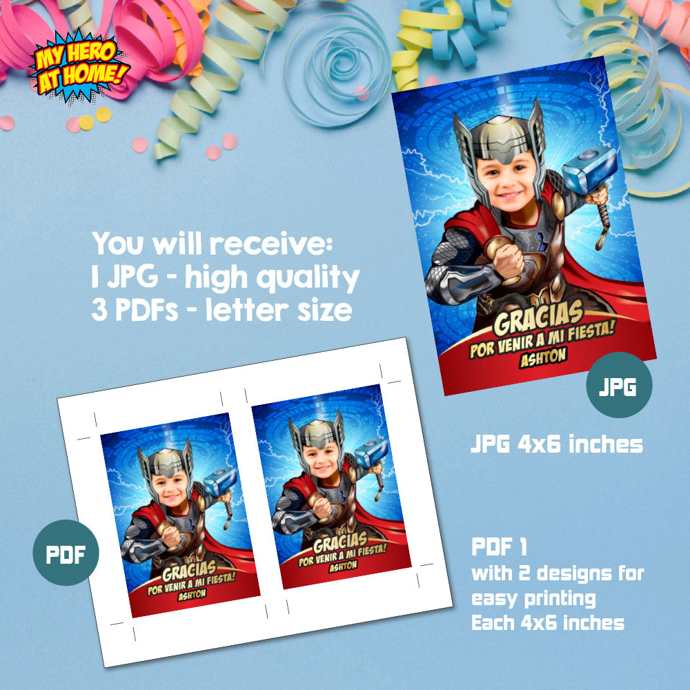 Agradecimiento Fiesta de Thor con niño como protagonista, Gracias tema Avengers con foto. 154TYSP