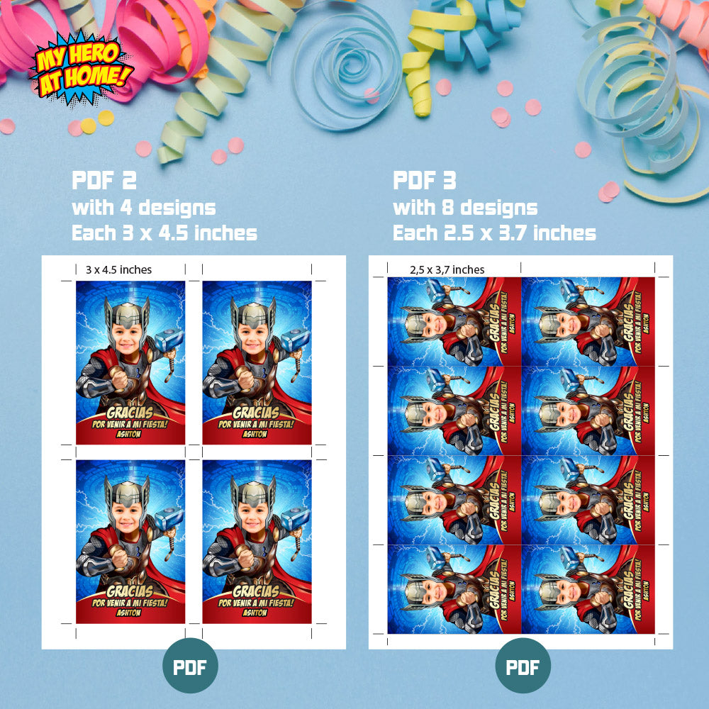 Agradecimiento Fiesta de Thor con niño como protagonista, Gracias tema Avengers con foto. 154TYSP