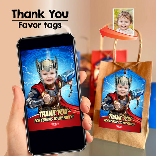 Thor party thank you and favor tags with kid as his favorite Avenger (Printable 3 sizes). 154TY