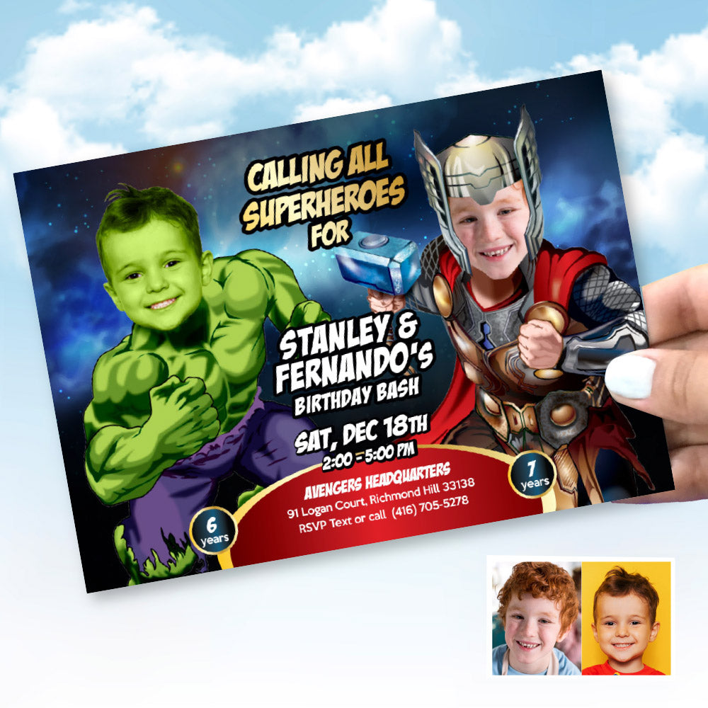 Joint Thor and Hulk Birthday Invitation with kids as their favorite Avengers. 156IN