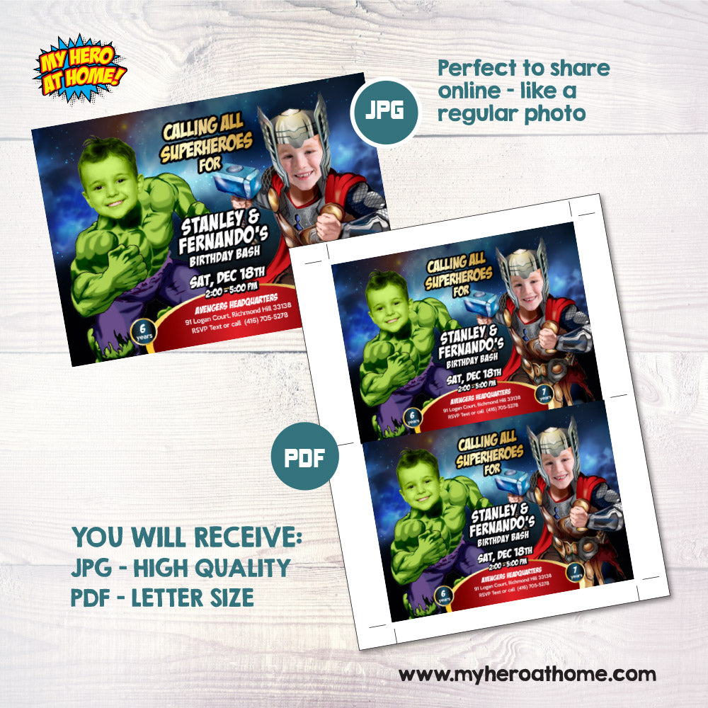 Joint Thor and Hulk Birthday Invitation with kids as their favorite Avengers. 156IN