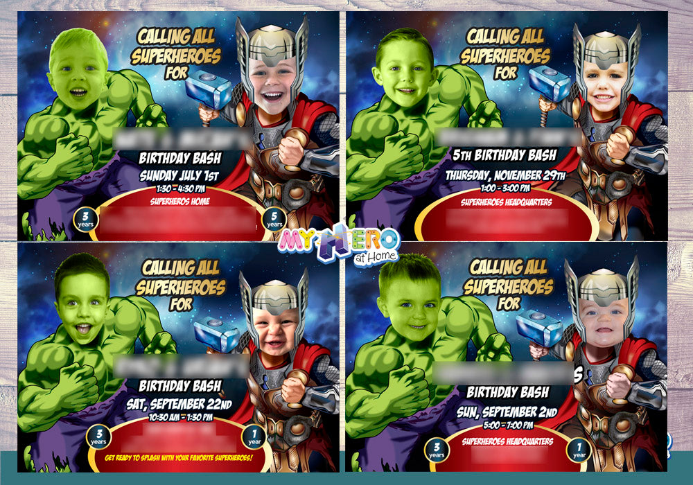 Thor and Hulk Pool Party Birthday Invitation, Siblings superheroes Splash template. 937IN