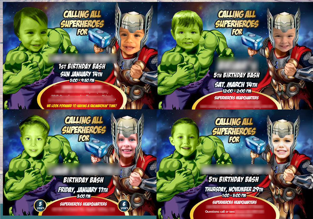 Thor and Hulk Pool Party Birthday Invitation, Siblings superheroes Splash template. 937IN
