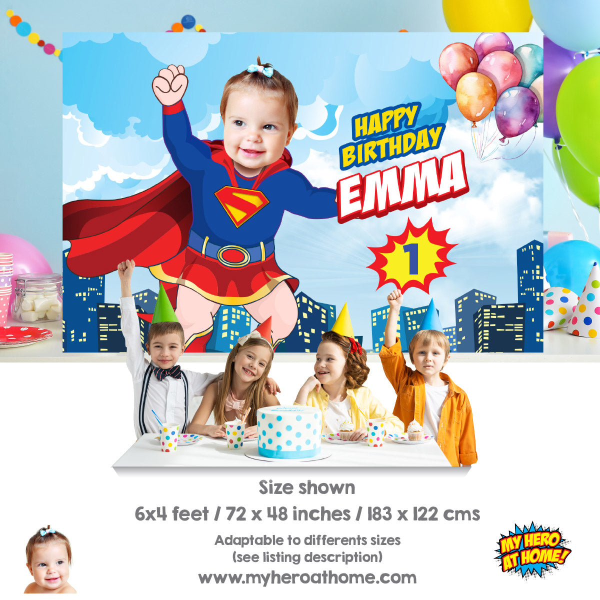 Baby Supergirl 1st Birthday Backdrop with your girl as a cute Supergirl. 157BB