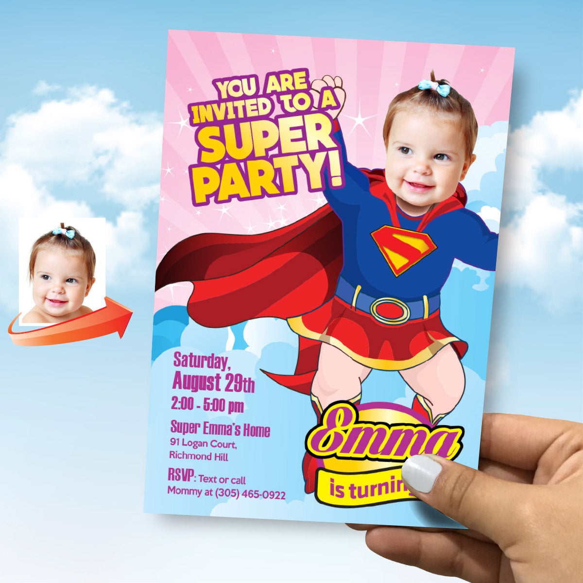 Baby Supergirl 1st birthday party Invitation with photo, Super Baby Girl Party Ideas. 157