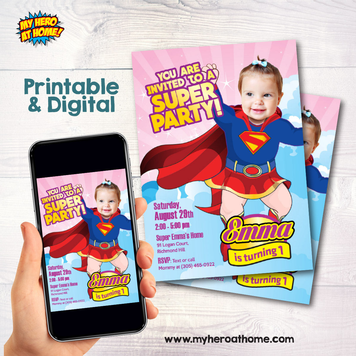 Baby Supergirl 1st birthday party Invitation with photo, Super Baby Girl Party Ideas. 157
