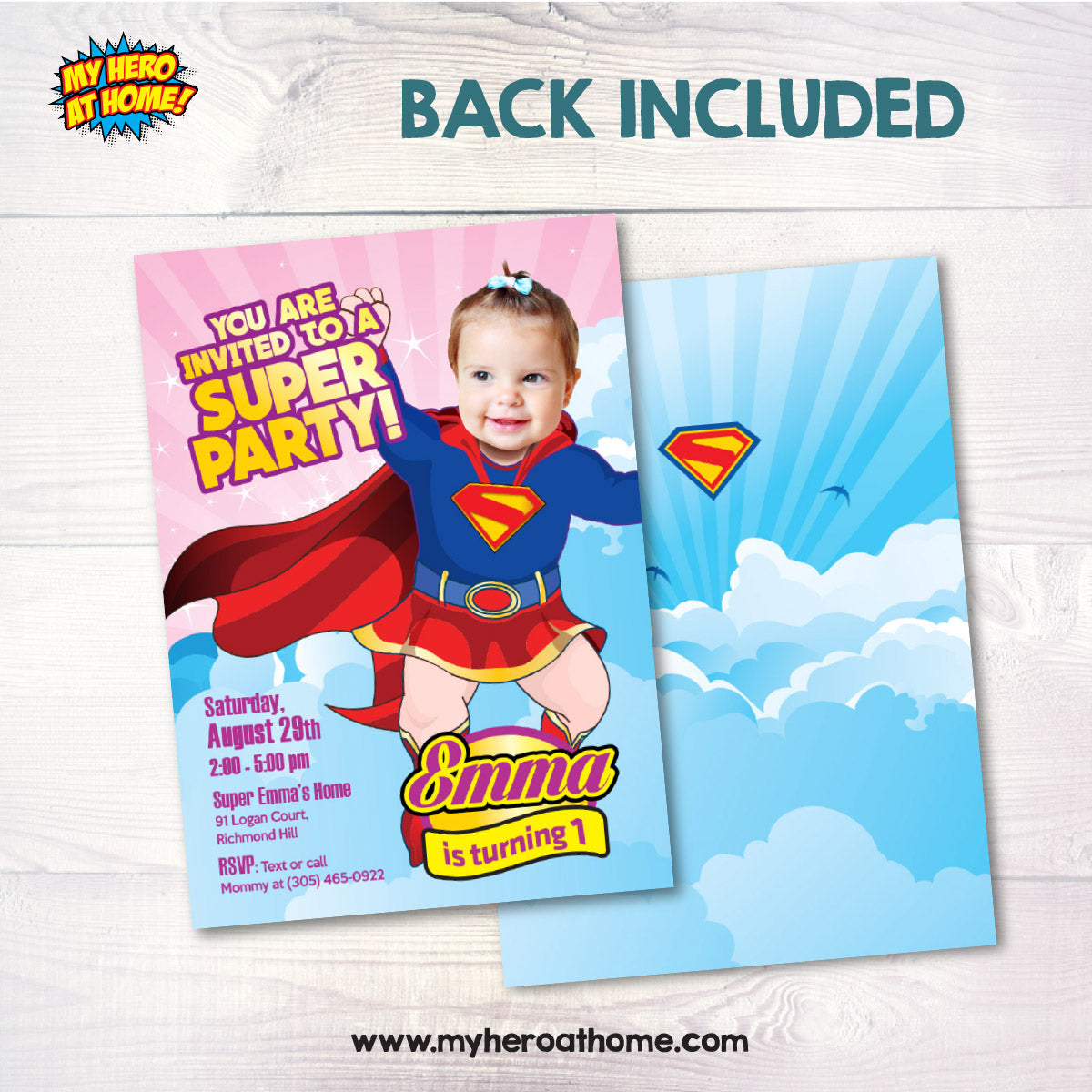 Baby Supergirl 1st birthday party Invitation with photo, Super Baby Girl Party Ideas. 157