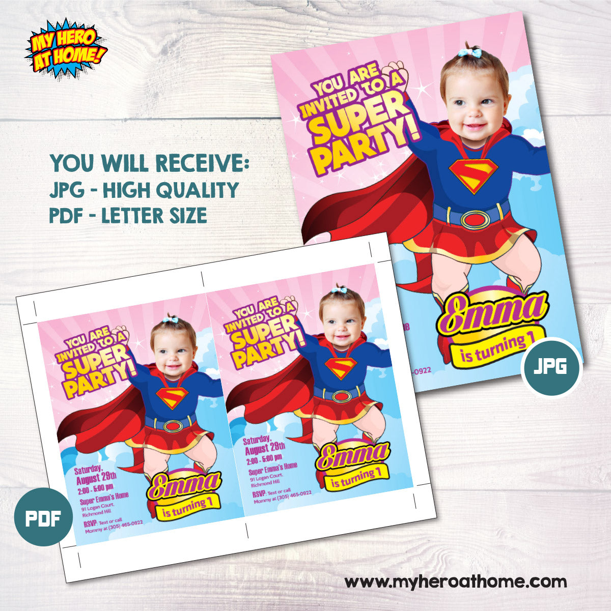 Baby Supergirl 1st birthday party Invitation with photo, Super Baby Girl Party Ideas. 157