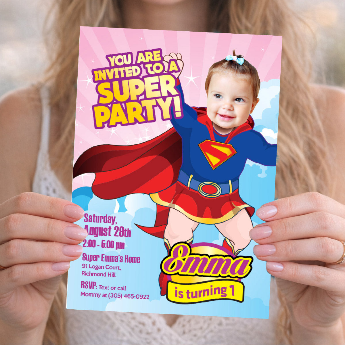 Baby Supergirl 1st birthday party Invitation with photo, Super Baby Girl Party Ideas. 157