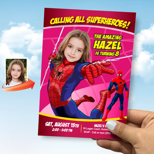 Custom Spider Girl Birthday Invitation featuring the girl as the Spidergirl. 158C