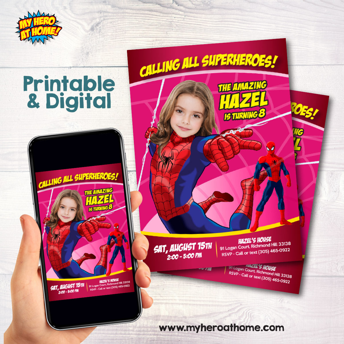 Custom Spider Girl Birthday Invitation featuring the girl as the Spidergirl. 158C