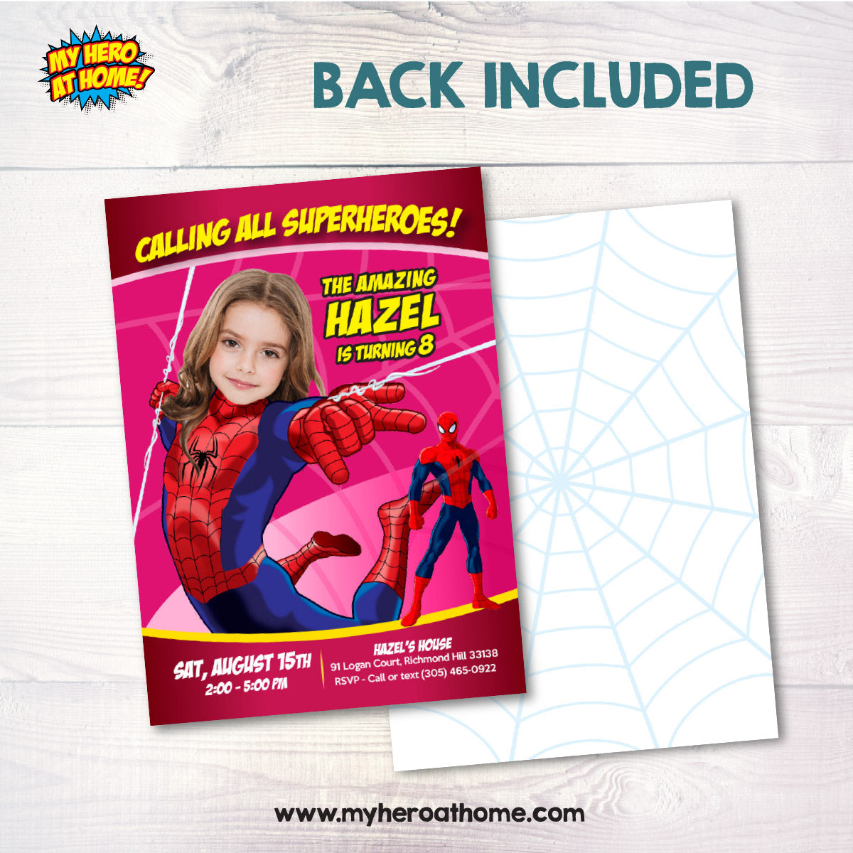 Custom Spider Girl Birthday Invitation featuring the girl as the Spidergirl. 158C