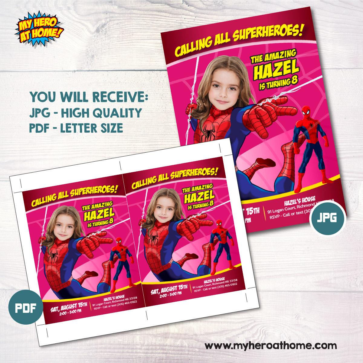 Custom Spider Girl Birthday Invitation featuring the girl as the Spidergirl. 158C