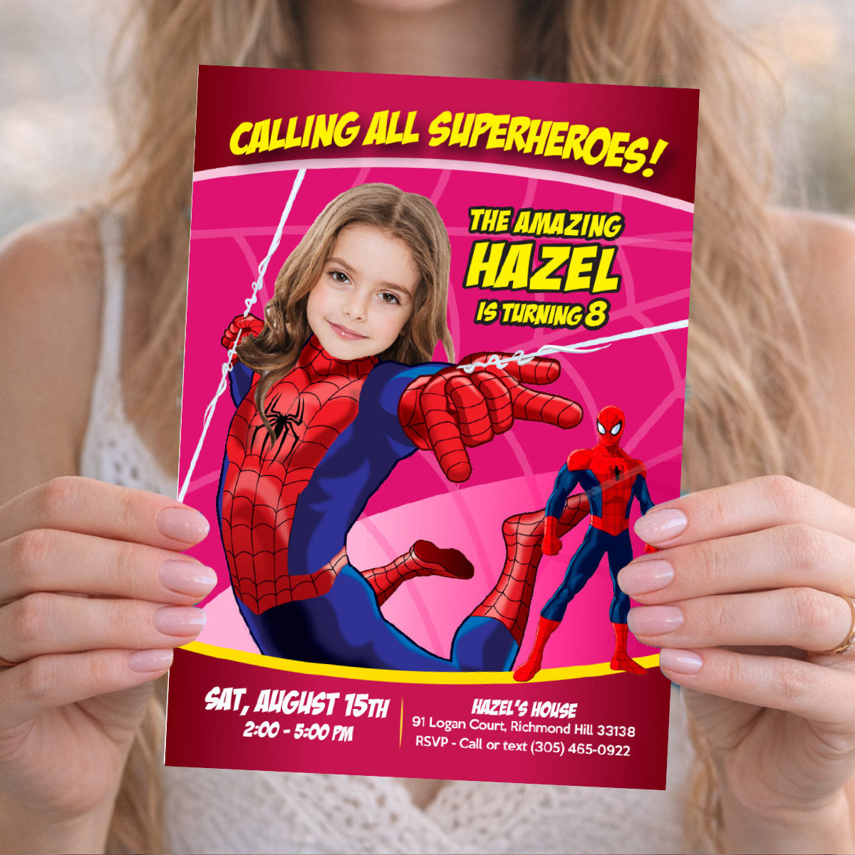Custom Spider Girl Birthday Invitation featuring the girl as the Spidergirl. 158C