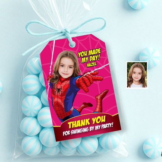Custom Spider Girl Thank You and Favor Tag with little girl as the star. 158TY