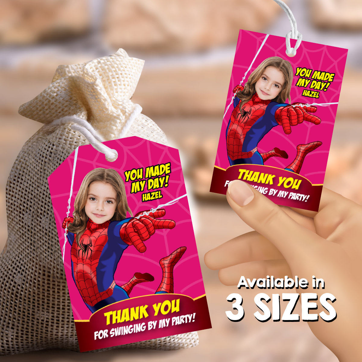 Custom Spider Girl Thank You and Favor Tag with little girl as the star. 158TY
