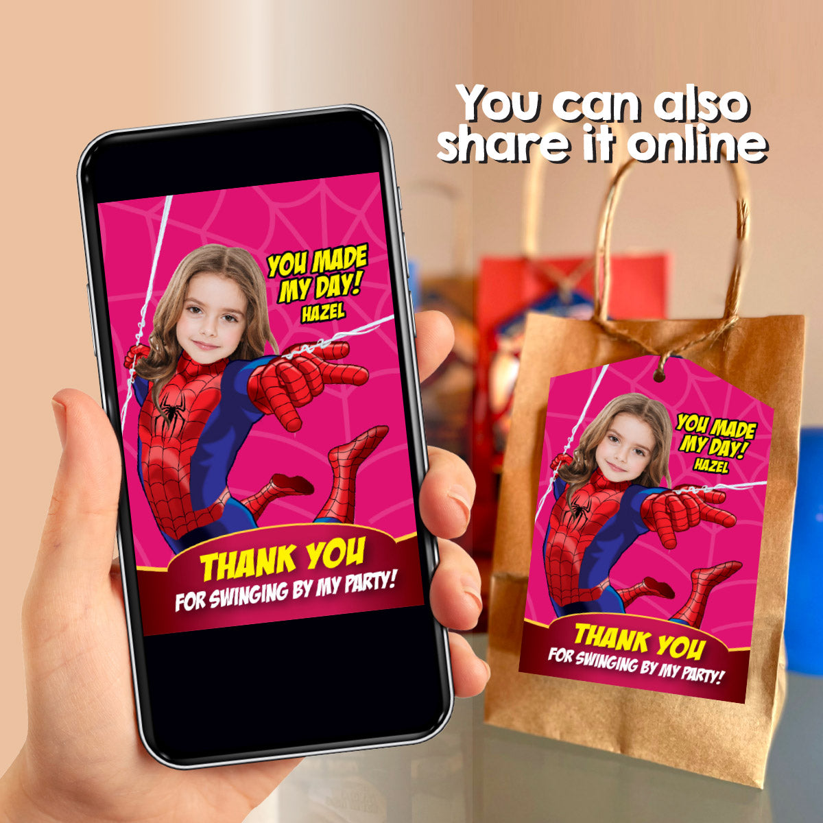 Custom Spider Girl Thank You and Favor Tag with little girl as the star. 158TY