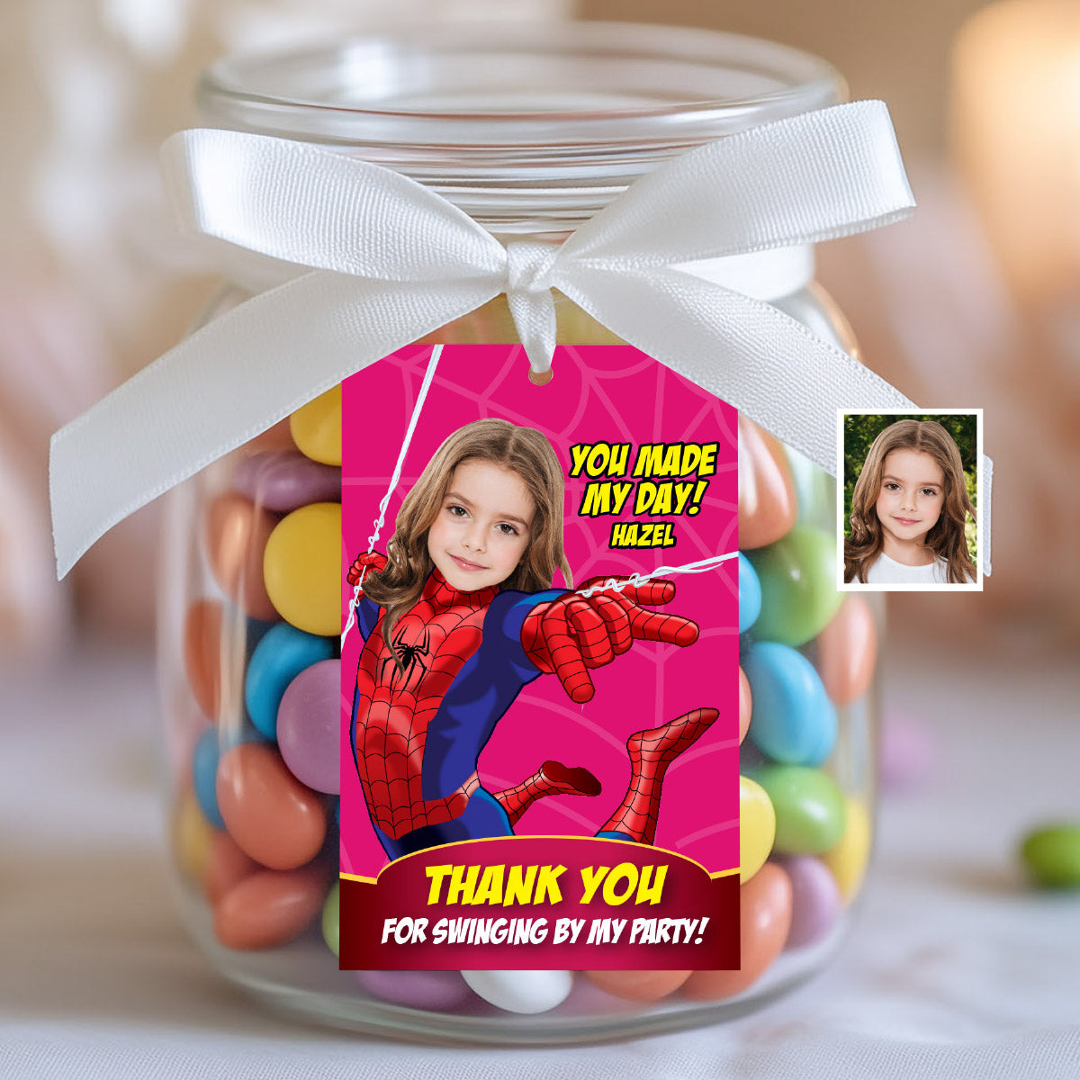 Custom Spider Girl Thank You and Favor Tag with little girl as the star. 158TY