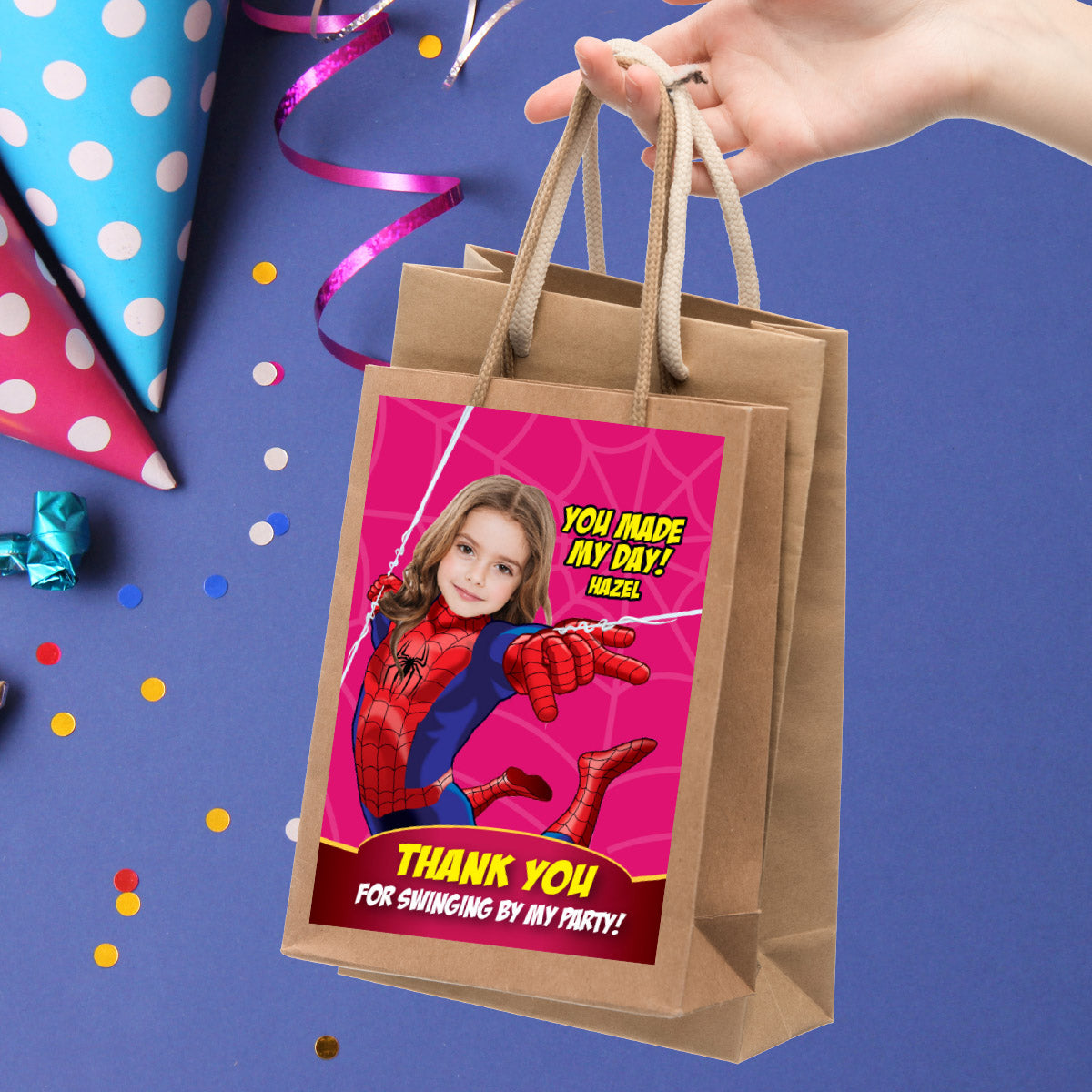 Custom Spider Girl Thank You and Favor Tag with little girl as the star. 158TY