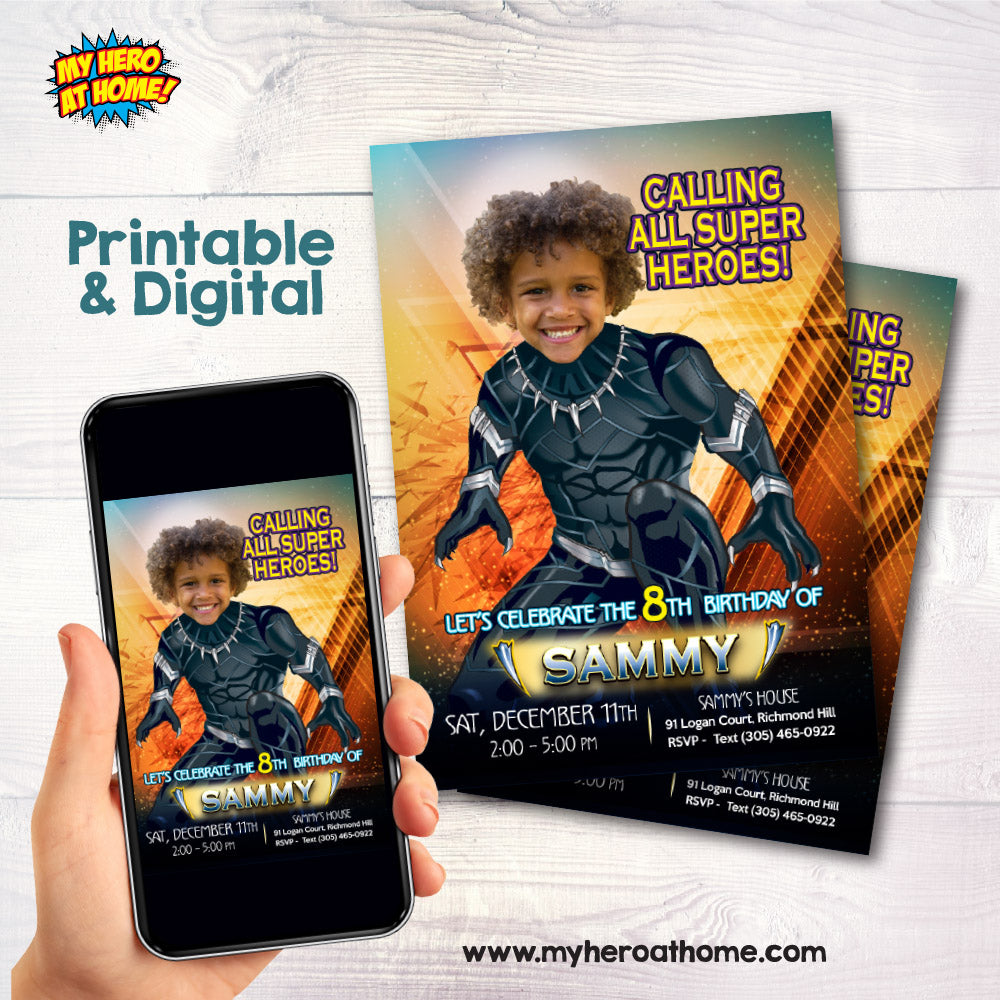 Personalized Black Panther Party Invitation, Invitacion Fiesta Pantera Negra con foto de niño como protagonista. 160IN