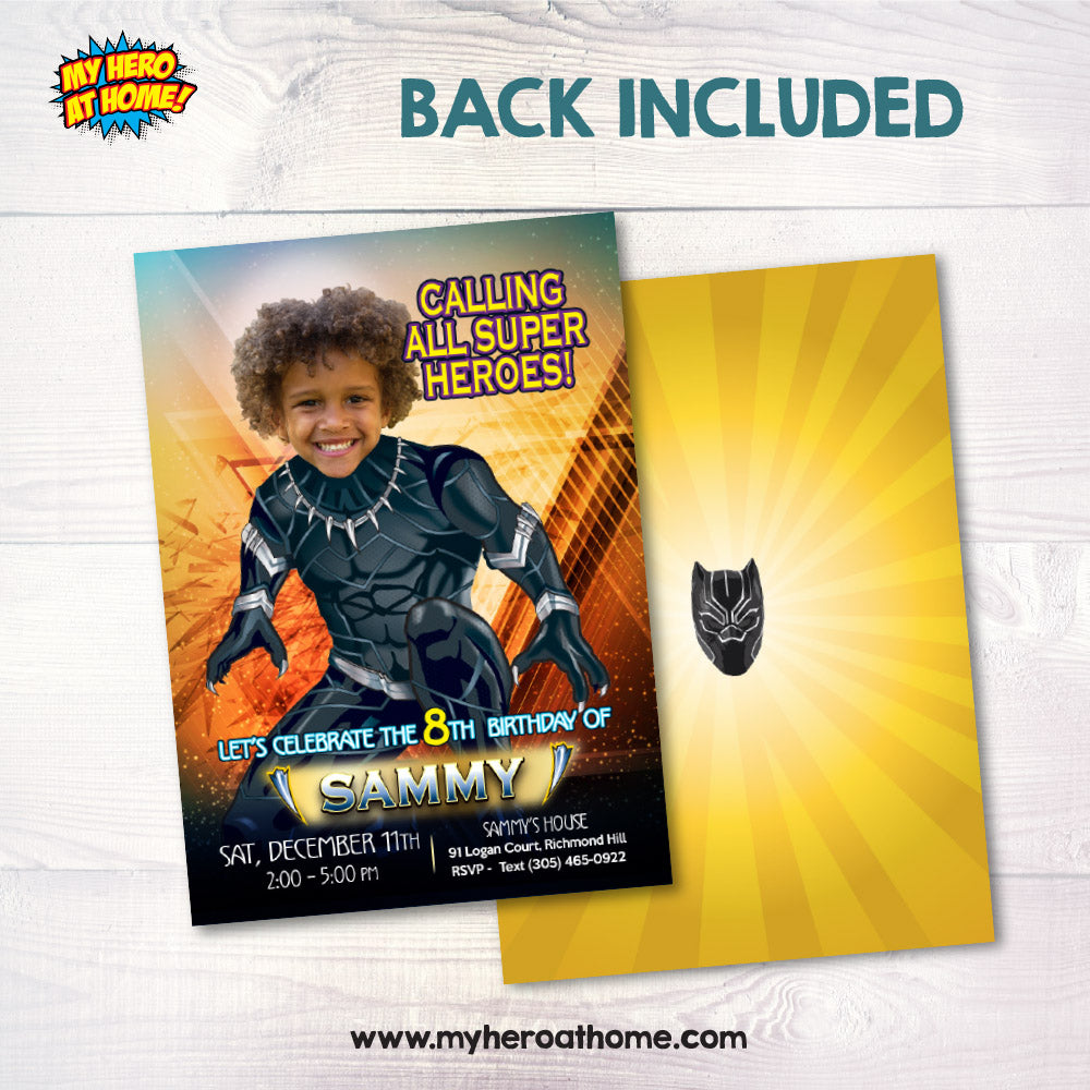 Personalized Black Panther Party Invitation, Invitacion Fiesta Pantera Negra con foto de niño como protagonista. 160IN