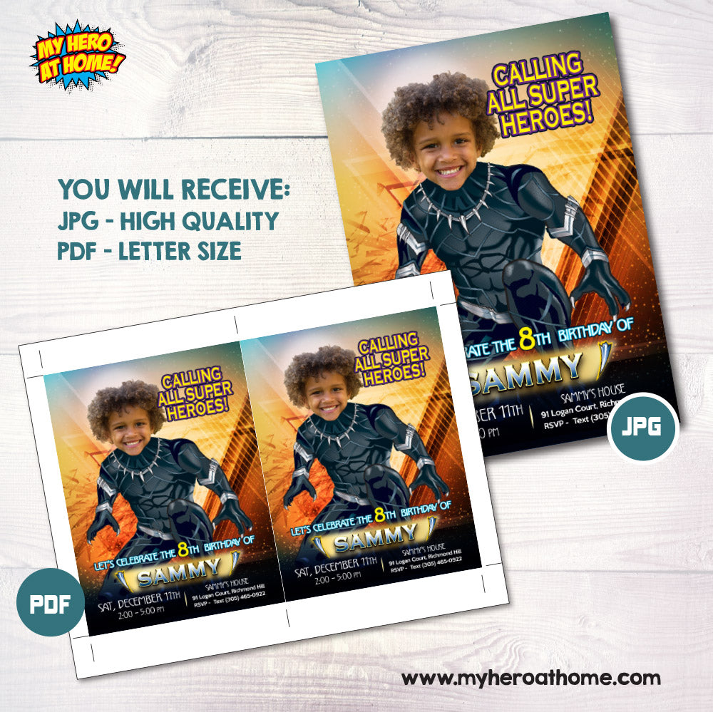 Personalized Black Panther Party Invitation, Invitacion Fiesta Pantera Negra con foto de niño como protagonista. 160IN