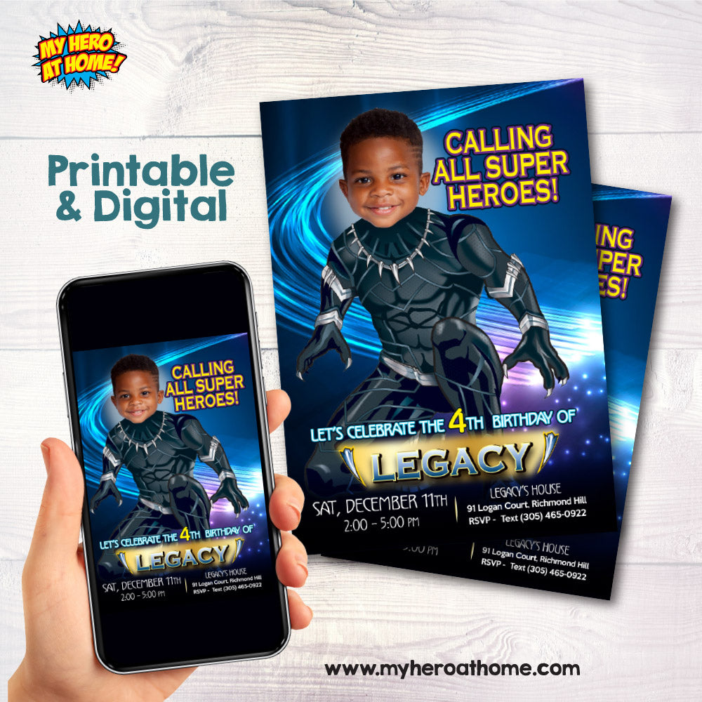 Black Panther birthday party Invitation with your kid as the Black Panther. 161IN