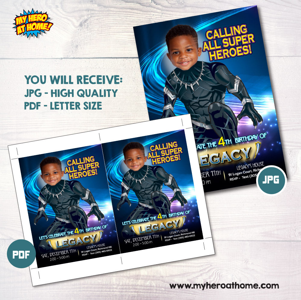 Black Panther birthday party Invitation with your kid as the Black Panther. 161IN